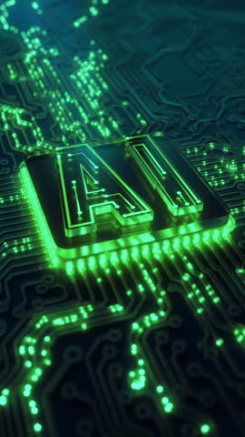 Futuristic AI chip on circuit board. Artificial intelligence microchip deep learning. AI data center. Cyber innovation automation and autonomous brain. Generative AI neural network 3D background