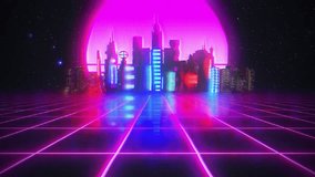 Retro-futuristic 80s style looping animation with night city background. Synthwave seamless loop cyberpunk cityscape for the music video. Futuristic 80s retro synthwave style 3d render animation loop. - Powered by Shutterstock - Get 15% off with code: PIKWIZARD15