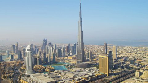 DUBAI, UNITED ARAB EMIRATES - November 18, 2012: Aerial view Burj Khalifa Lake and Burj Khalifa downtown Dubai 