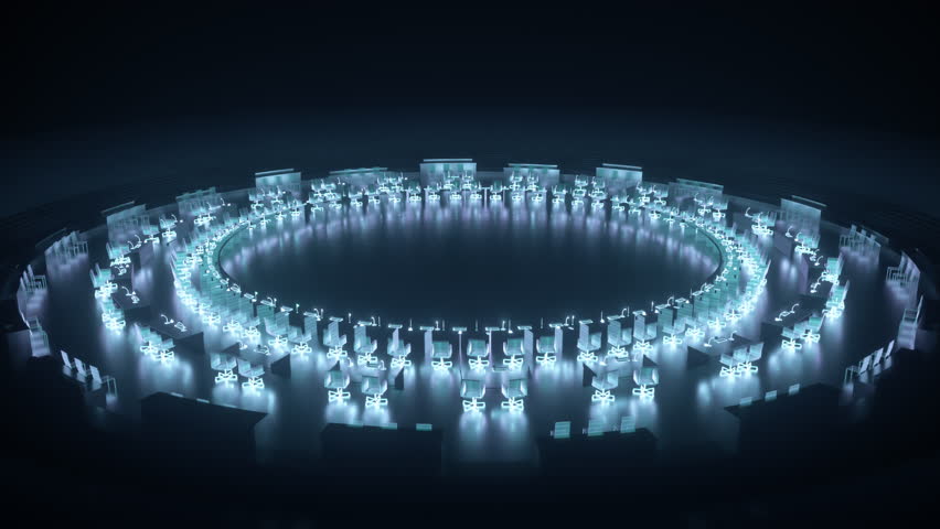 Futuristic conference hall, many holographic desks and chairs in a circle during a government summit. Camera moves around showing digital meeting space.