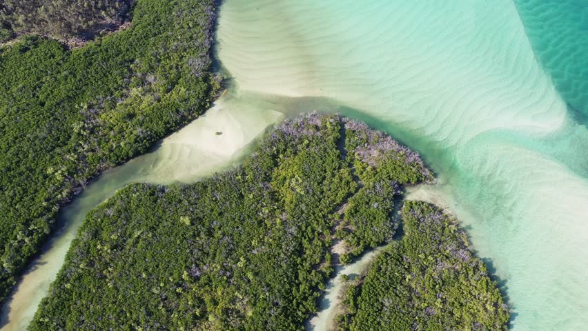 aerial view of the Whitsundays from the pacific ocean over the beach, it