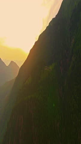 Drone view of Chamonix. Chamonix-Mont-Blanc is a resort town in France near the border with Switzerland and Italy. It is located at the foot of Mont Blanc, the highest peak in the Alps