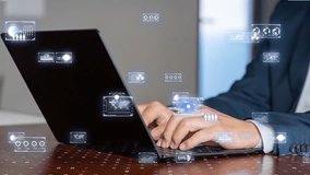 Corporate digital transformation, business executive using a laptop with futuristic data interface - Powered by Shutterstock - Get 15% off with code: PIKWIZARD15