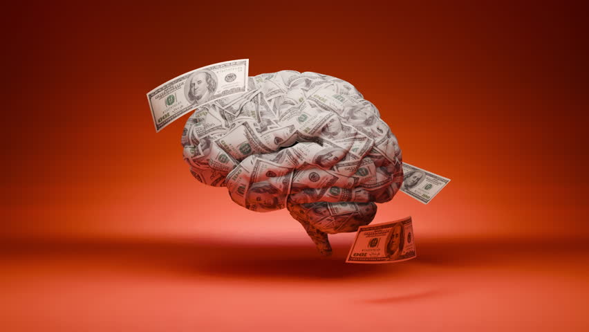 A 3D-rendered human brain wrapped in hundred-dollar bills with floating money around it, symbolizing financial intelligence, wealth, and economic thinking.