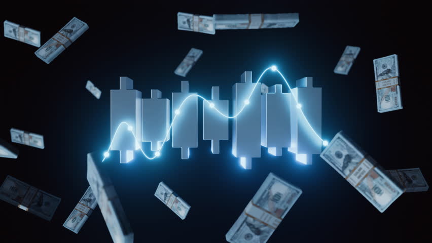 A glowing candlestick chart with a financial trend line, surrounded by floating stacks of hundred-dollar bills, symbolizing stock trading, investment, and market volatility.