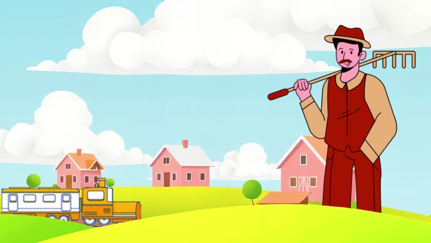 Cartoon Farmer and Farm Landscape Video with Train on Field