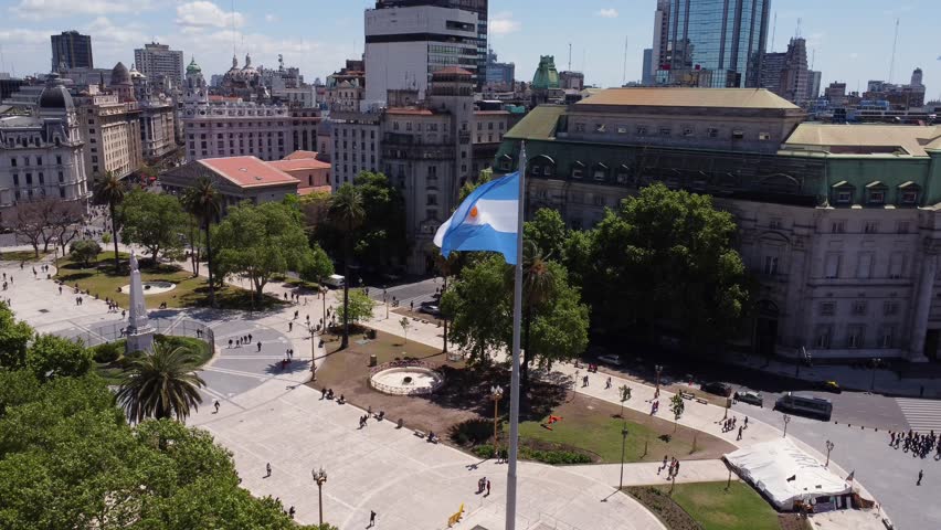 Plaza de mayo in buenos aires, showcasing the iconic argentine flag, aerial view