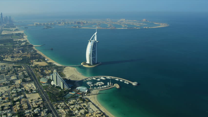 DUBAI, UNITED ARAB EMIRATES - November 18, 2012:  Aerial view Dubai coastline, Burj Al Arab, Jumeirah Beach Hotel  Royalty-Free Stock Footage #3726377