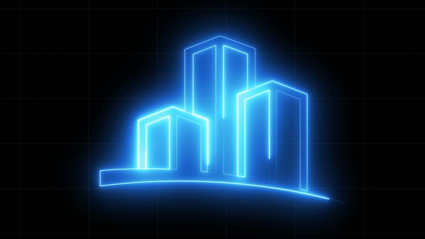 Neon building icon animation, shiny symbol. glowing House, home building animation. building property apartment animated.