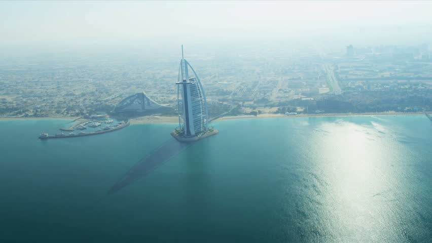 DUBAI, UNITED ARAB EMIRATES - NOVEMBER 18, 2012:  Aerial view Burj Al Arab, Jumeirah Beach Hotel 
