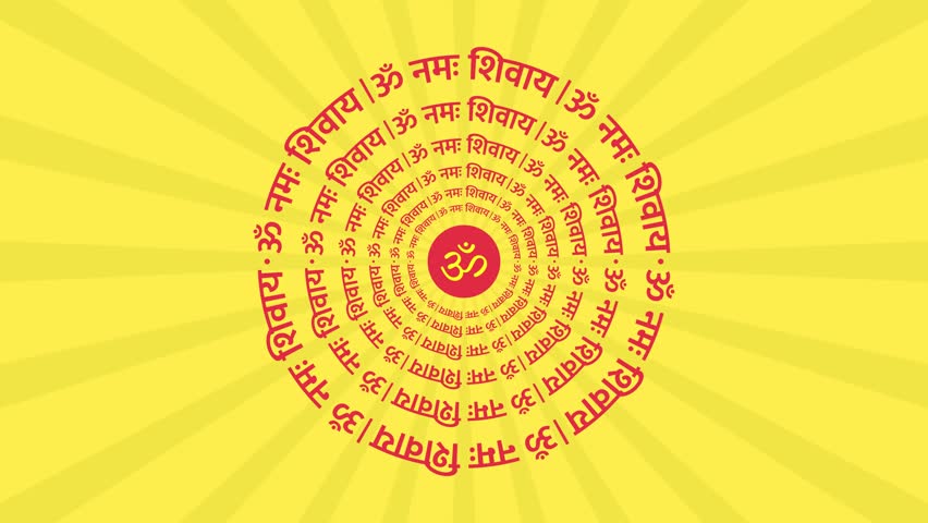 Om namah shivaya hindi text circular or rounded loop animation on rotating sun rays background
