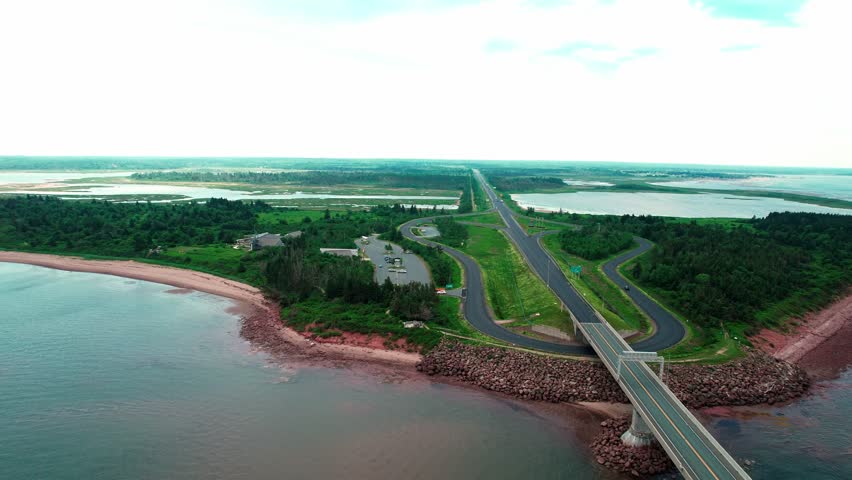 Exiting the confederation bridge as you enter the mainland of New Brunswick Canada.