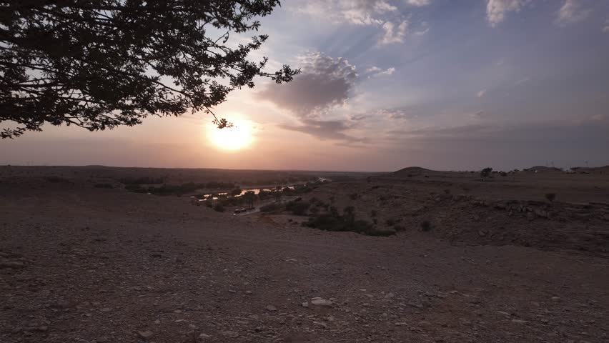 Under tree admiring sunset in Middle East. Lake park, Riyadh. Time lapse