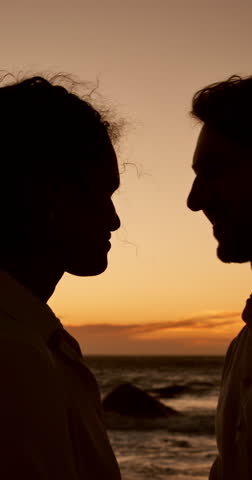Head, sunset or couple at beach for valentines day, love or romance in committed relationship. Travel, silhouette or people bonding on holiday vacation for romantic honeymoon, care or date together