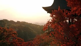 The historic Kiyomizu-dera Temple in Kyoto, Japan, is surrounded by vibrant red autumn foliage as the sun sets, casting a warm glow over the city. - Powered by Shutterstock - Get 15% off with code: PIKWIZARD15