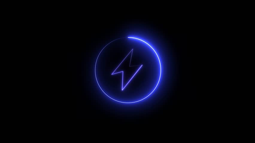 Glowing neon Battery charging power symbol, lightning bolt sign in the circle. HD Video motion graphic animation on charging power bolt icon.