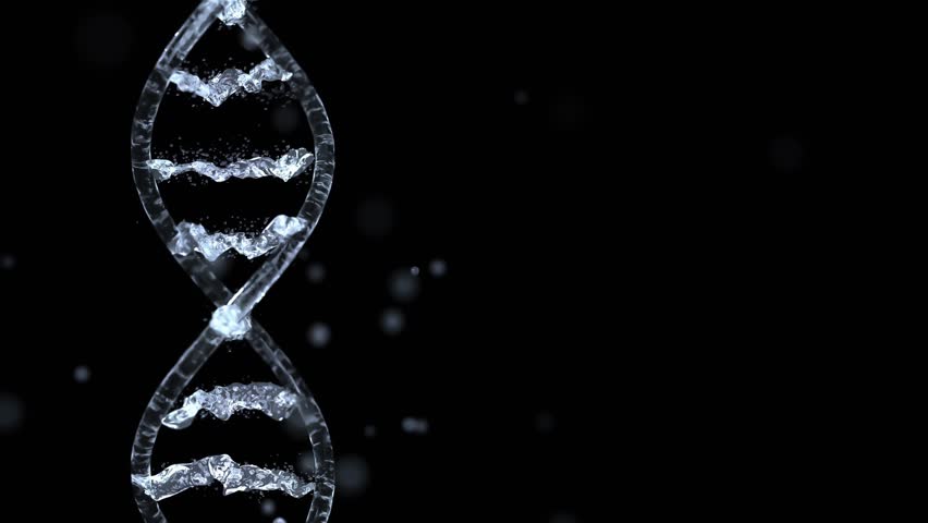 DNA water splash. Animation seamless looping of Dna transparent like water and selective focal of center. Can be used in cosmetics industry background, On black background and Green Screen. 3D Render.