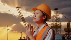 Close Up Side View Of Asian Female Engineer With Safety Helmet Pray For Something While Standing With Hydrogen Production - Powered by Shutterstock - Get 15% off with code: PIKWIZARD15
