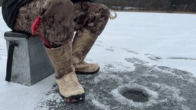 Ice fishing on frozen lake. Catching fish through an opening in the ice on a frozen body of water. Catching fish in a hole in the ice on frozen river. Winter fishing. Jigging with Small jigging rod.  - Powered by Shutterstock - Get 15% off with code: PIKWIZARD15
