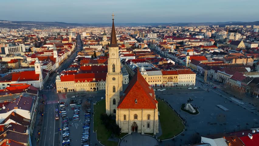 Cluj Napoca aerial view, central square in Romanian town of Cluj Napoca, travel in Transilvania, Romania 