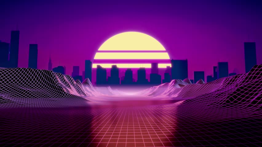 Stylish retro futuristic landscape. Flight across a 3D grid in a mountainous canyon under a sunset. Neon styles of the 80s 90s city. Retro wave background. 3D rendering. Seamless loop.