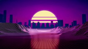 Stylish retro futuristic landscape. Flight across a 3D grid in a mountainous canyon under a sunset. Neon styles of the 80s 90s city. Retro wave background. 3D rendering. Seamless loop. - Powered by Shutterstock - Get 15% off with code: PIKWIZARD15
