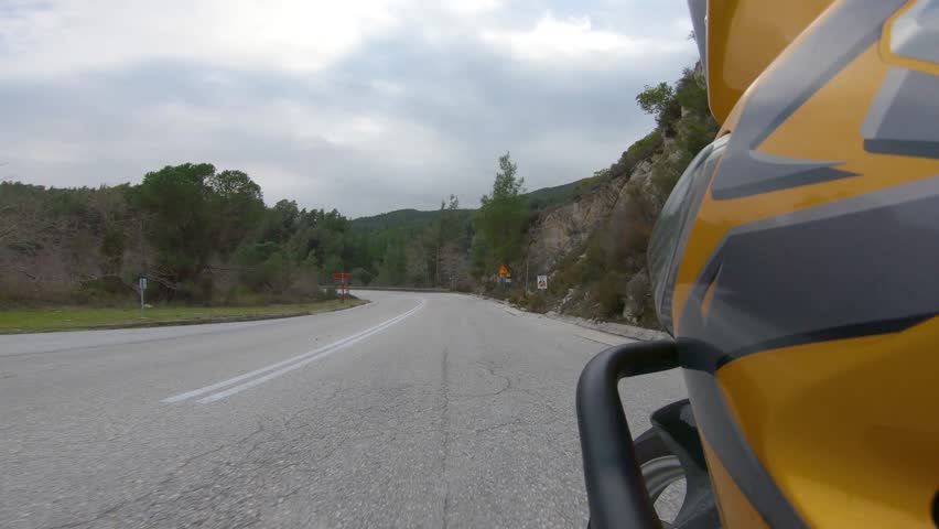 Touring Motorcycle Riding Through Corners, Action Camera Mounted on Crashbars View