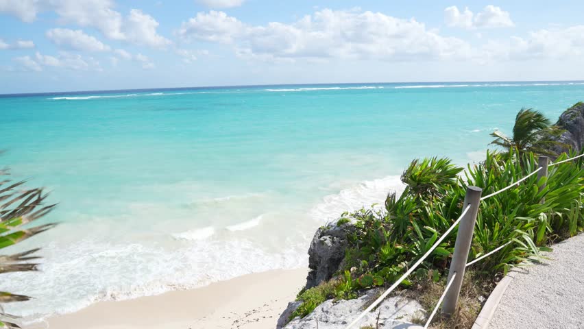 Tropical beach scene featuring turquoise waves, rocky cliffs, palm trees and vibrant greenery under a sunny sky