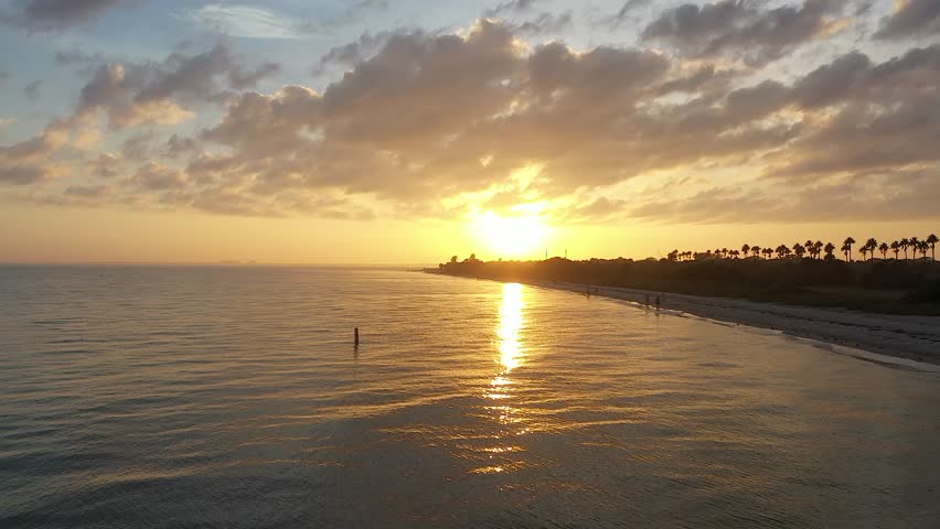 Stunning sunset over Fort De Soto coast, Tampa Florida, aerial view