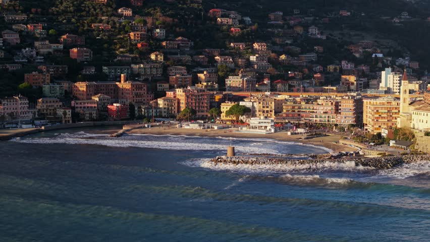 Camogli, liguria, featuring colorful buildings and coastline vibes, aerial view