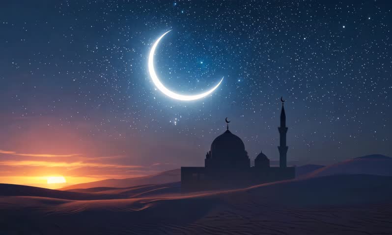 Ramadan night sky with stars, moon, and mosque landscape. Perfect for animated wallpapers, backgrounds, and Islamic-themed creative projects. 