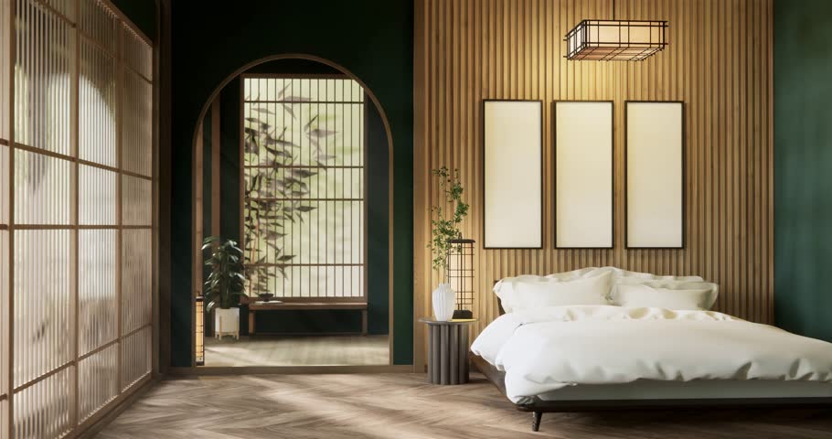 green design on bed room japanese deisgn with tatami mat floor. 3D rendering
