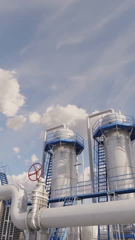 View in production area of Petroleum refinery plant. Vertical video. Time lapse. 3d rendering