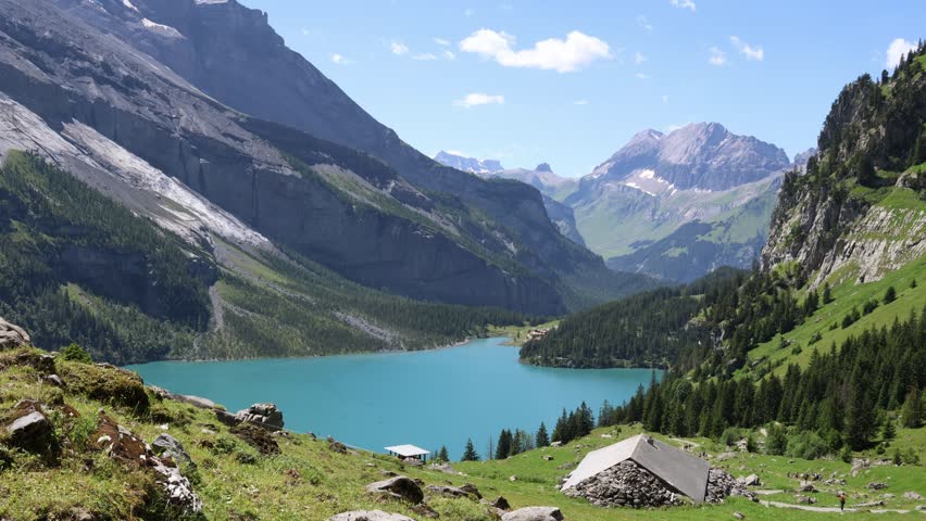 Mountain lake landscape establisher, Oeschinnen lake in Swiss Alps