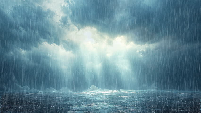A looped animation of a rainstorm over the sea with moving clouds in the background.