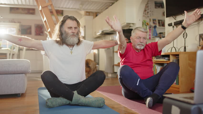 Two retired senior friends sitting down following mobility exercises from laptop