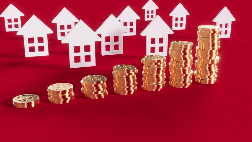 Rent of houses home grow up gold coins chart loop animation 4k. 3D Illustration