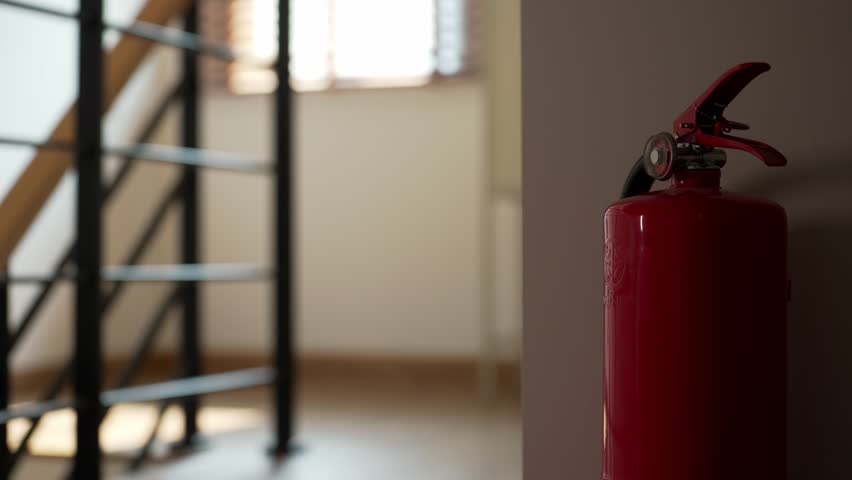 A man quickly grabs a red fire extinguisher and rushes downstairs to use it in an emergency fire situation at home. Emphasizing the urgency and importance of fire safety equipment in emergencies