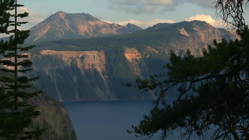 Zoomed out view of Cloudcap Overlook viewpoint and Mount Scott peak at Crater Lake. Oregon, USA