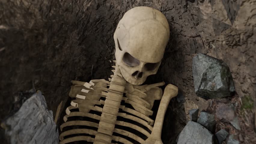 3D animation showing a zooming out view of a skeleton lying in a dirt grave