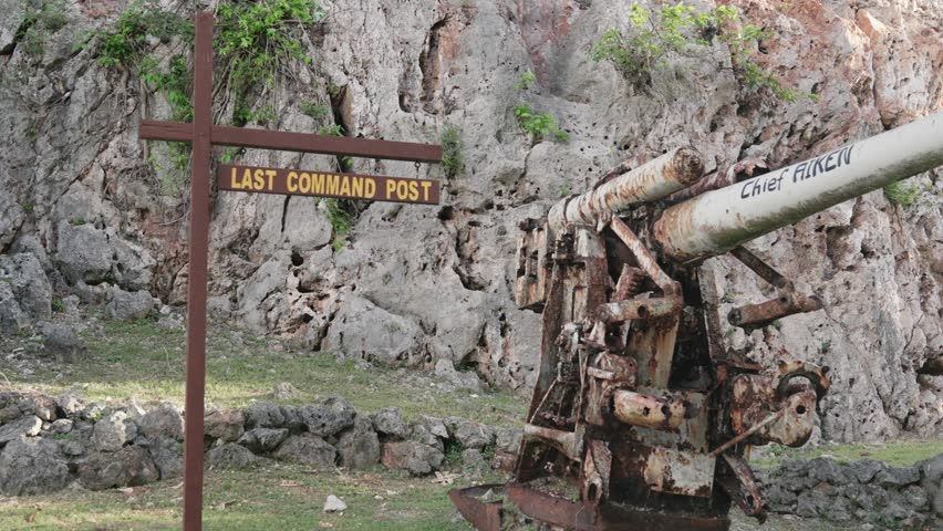 Orbit shot of historic war cannon at Last Japanese Command Post at Marpi, Saipan, Northern Mariana Islands