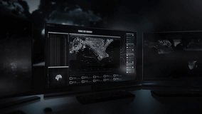 The new spying system used by US Army forces. Three modern monitors. UI. Broadcasting footage from the drone on the screen. The town of Latakia on the coast of Syria is shown on the screen. - Powered by Shutterstock - Get 15% off with code: PIKWIZARD15