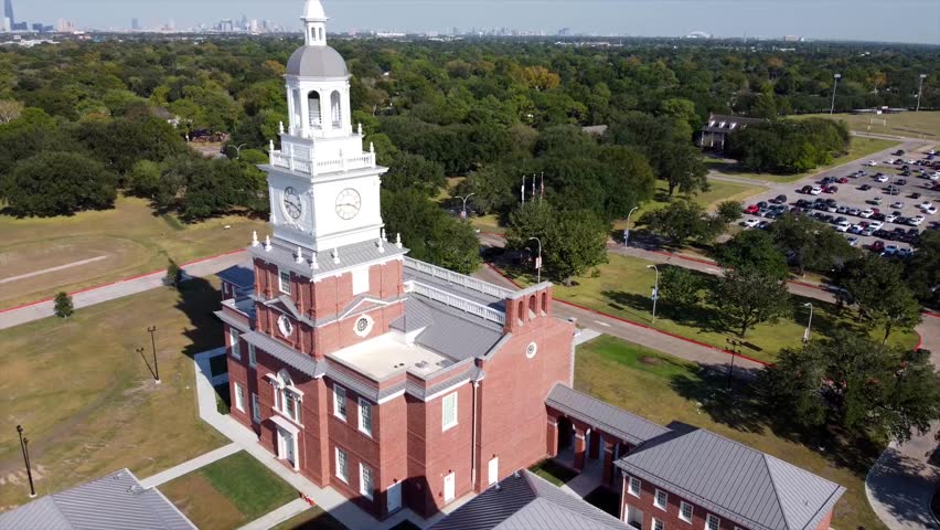 A drone shot of a college clock tower