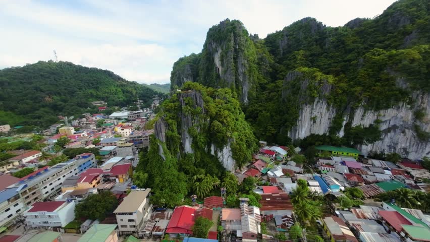 This aerial photograph beautifully captures the striking limestone cliffs enveloped in vibrant greenery, rising dramatically above the colorful townscape of El Nido, Palawan.