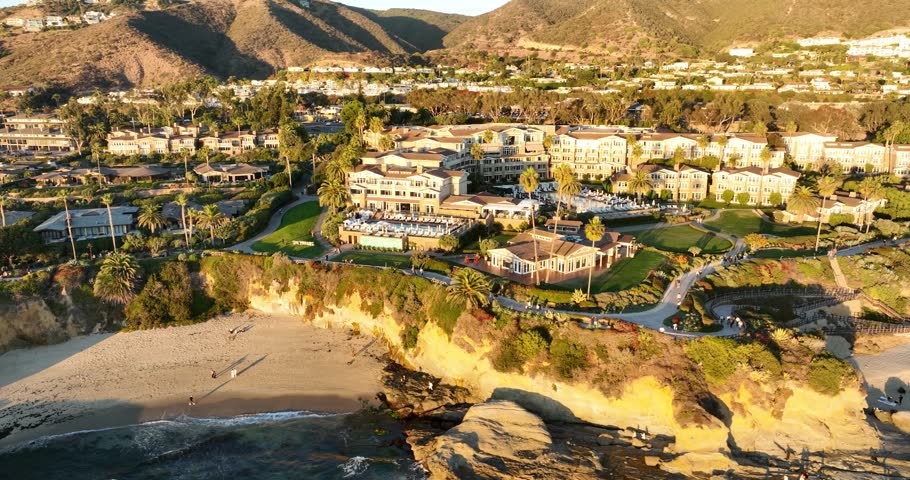 Montage Laguna Beach Hotel In Orange County, Southern California. 4K Aerial Rotation Over The Award Winning, Luxurious, Beachfront Property.