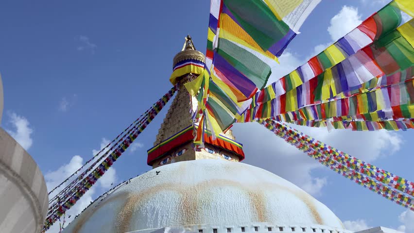 Colorful Prayer Flags Around The Boudhanath Stupa In Kathmandu, Nepal. - static shot