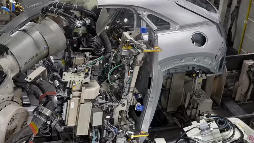 Robots are welding in automobile factory. Close up shot.