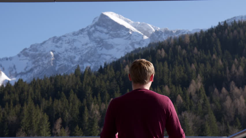 Man Enjoying Scenery Of Bavarian Alps And Pine Forest On Sunny Day In Germany. medium rear shot