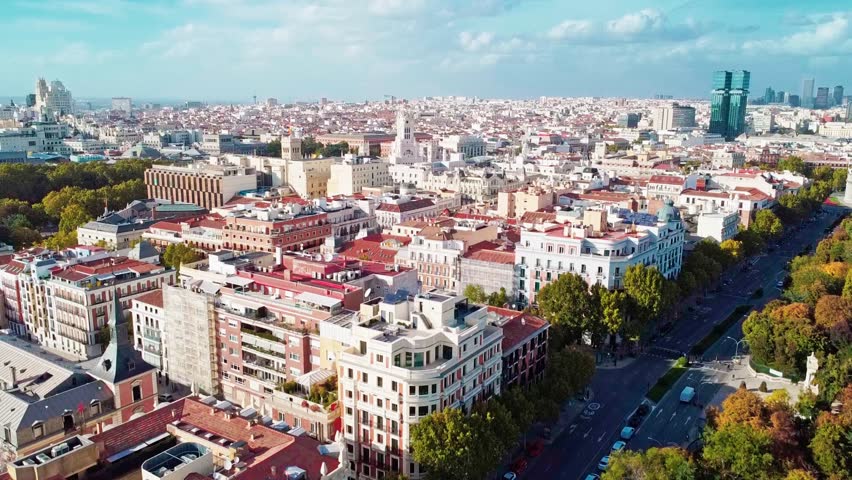 Aerial View of Madrid El Retiro, Bolsa de Madrid and Cibeles