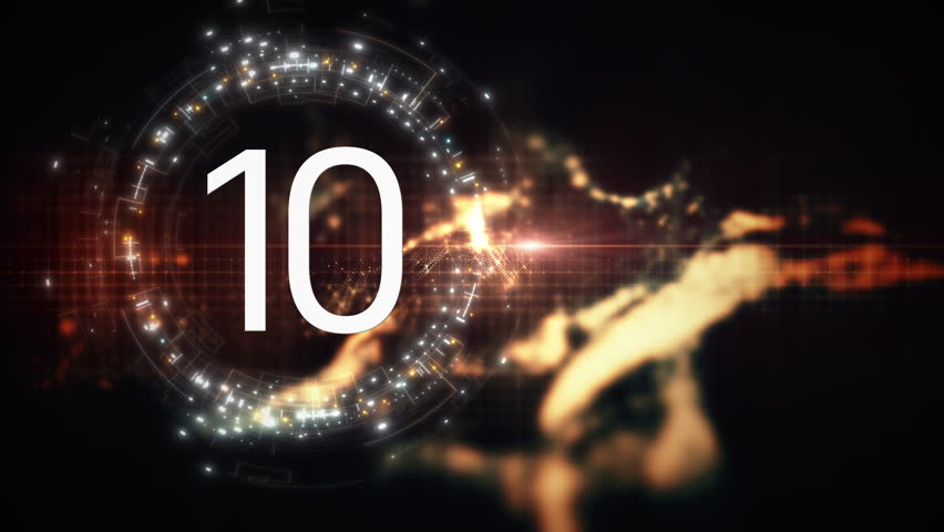 Futuristic countdown timer animation from 10 to 0 seconds for video and film projects, featuring sleek digital effects, dynamic transitions, and high-tech visual elements